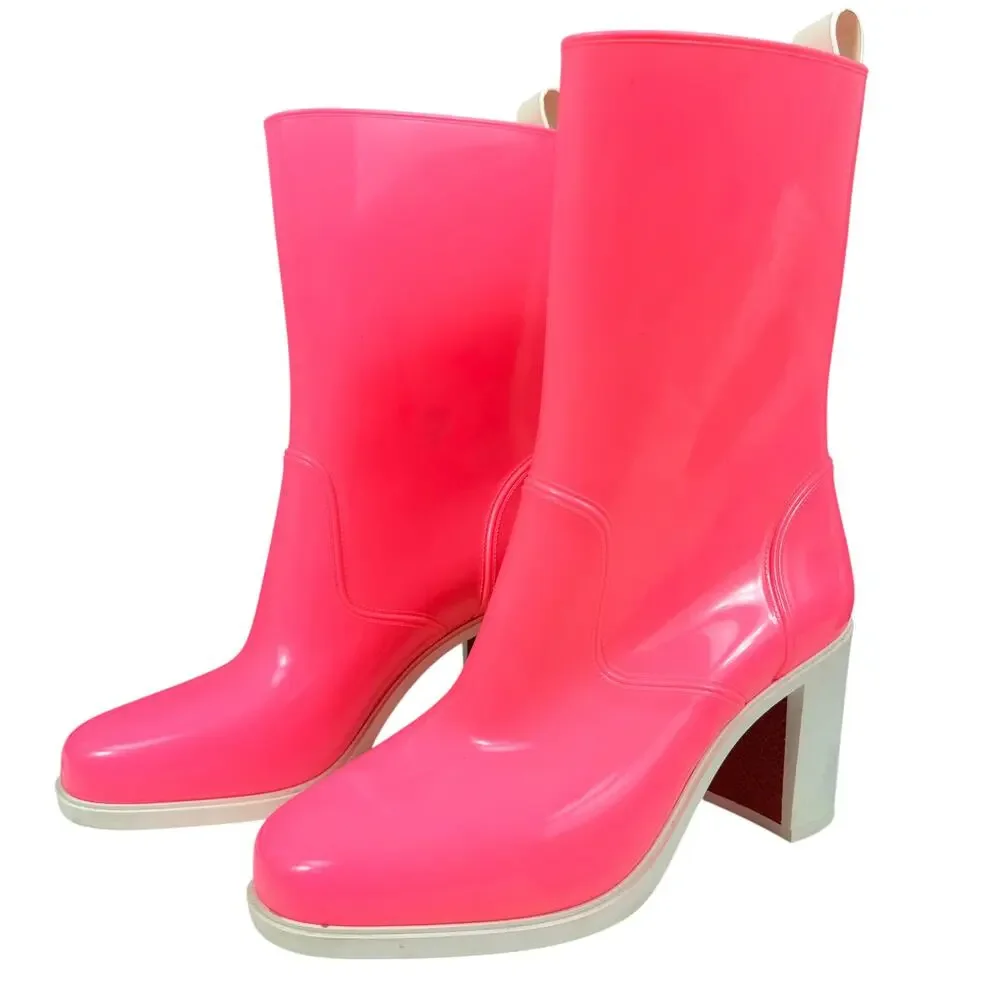 Christian Louboutin Loubirain Rubber Pvc Heeled Rain Boots Pink Size 37